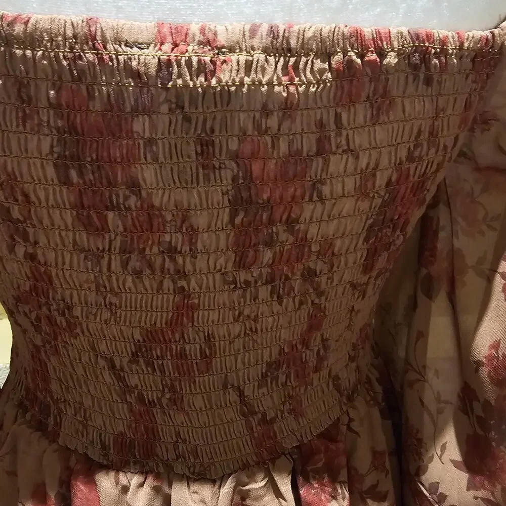 Romantic Cottagecore Floral Top Milkmaid Ruched Whimsy Boho Peplum Sheer Dress S - Picture 11 of 11